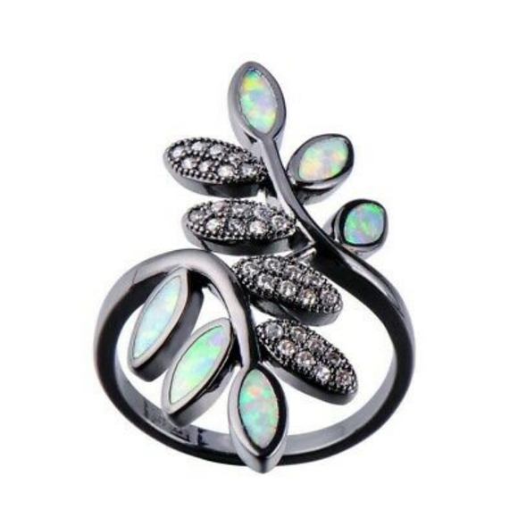 Black Gold Filled White Opal Leaf Ring - Picture 5 of 5